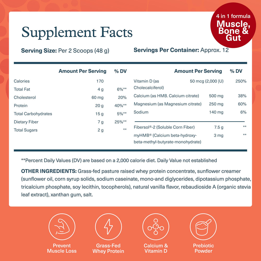 Vanilla flavored Youtheory Muscle Guard GLP-1 protein powder with scoop and label