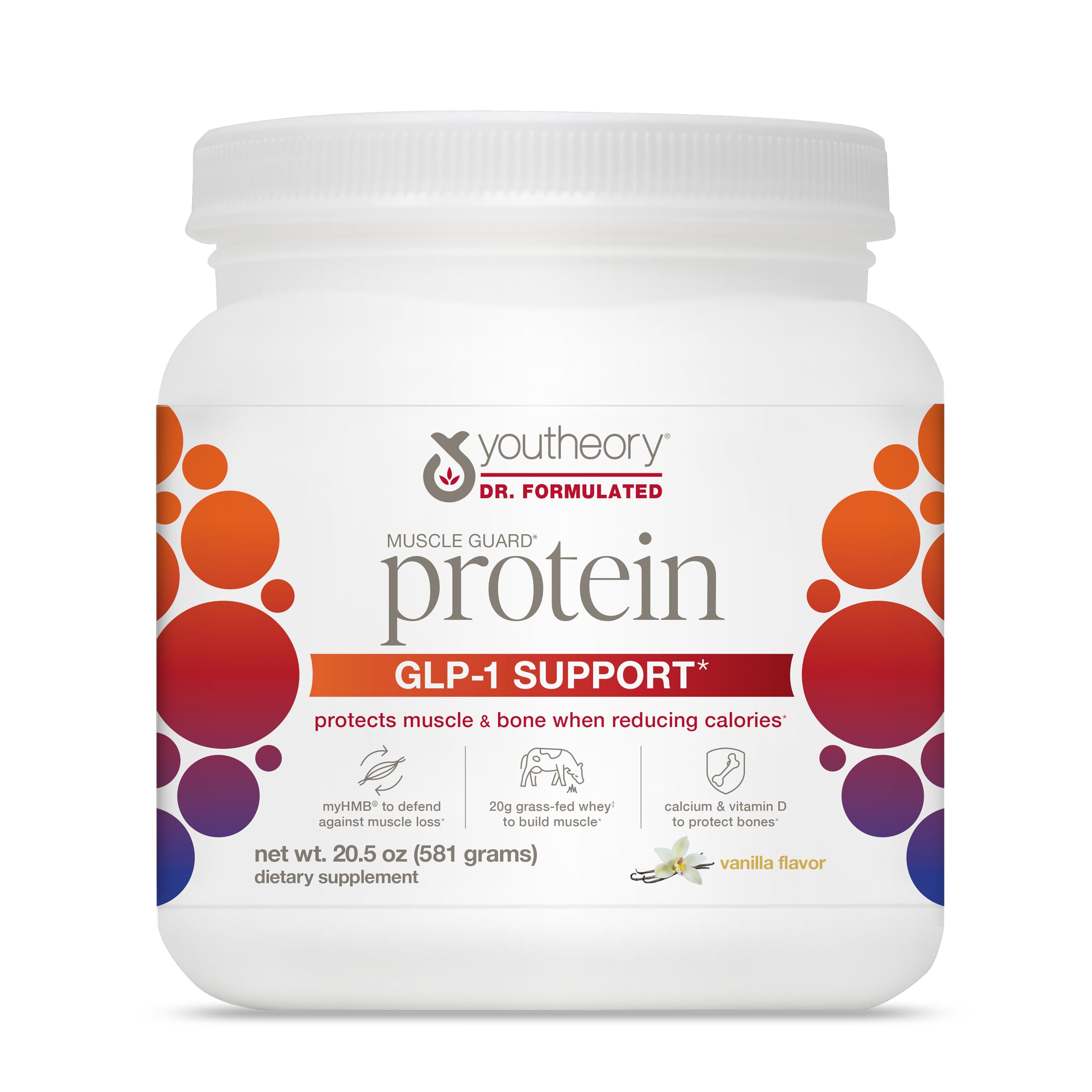 Front view of Youtheory Muscle Guard GLP-1 Protein Powder vanilla flavor canister