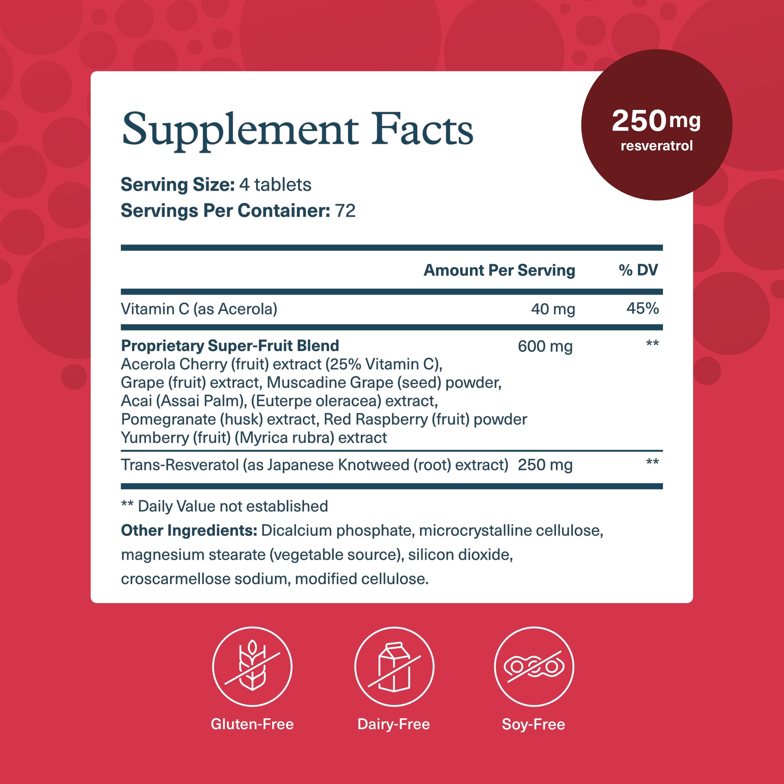 Close-up of ResVida trans-resveratrol information on bottle label