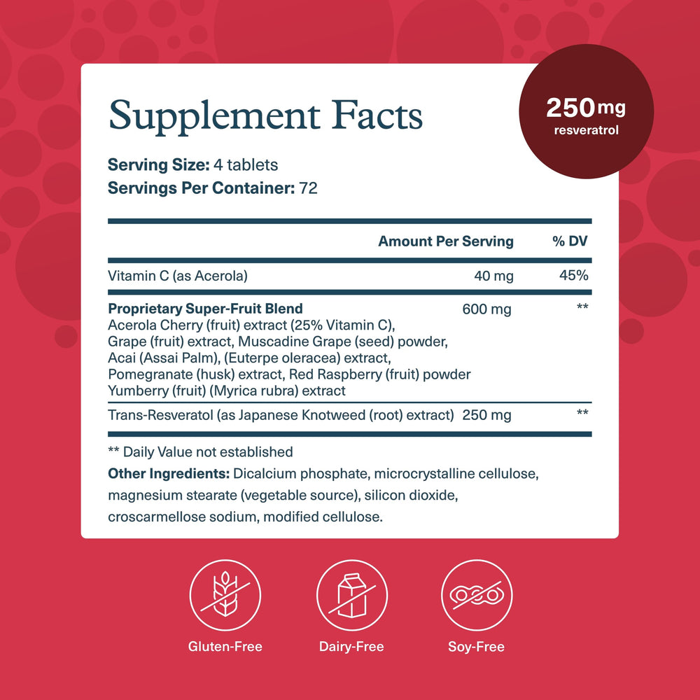 Close-up of ResVida trans-resveratrol information on bottle label