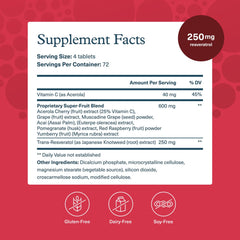 Close-up of ResVida trans-resveratrol information on bottle label