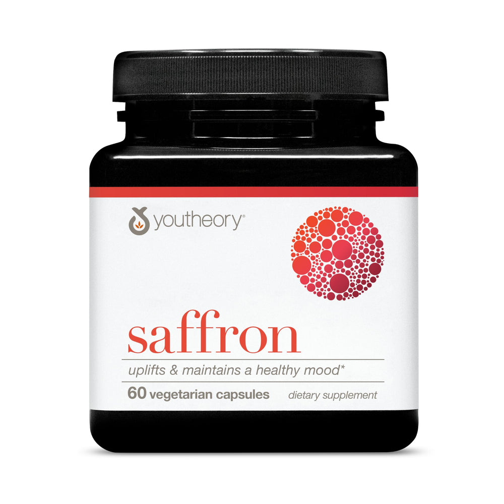 Front view of Youtheory Saffron bottle on a white background