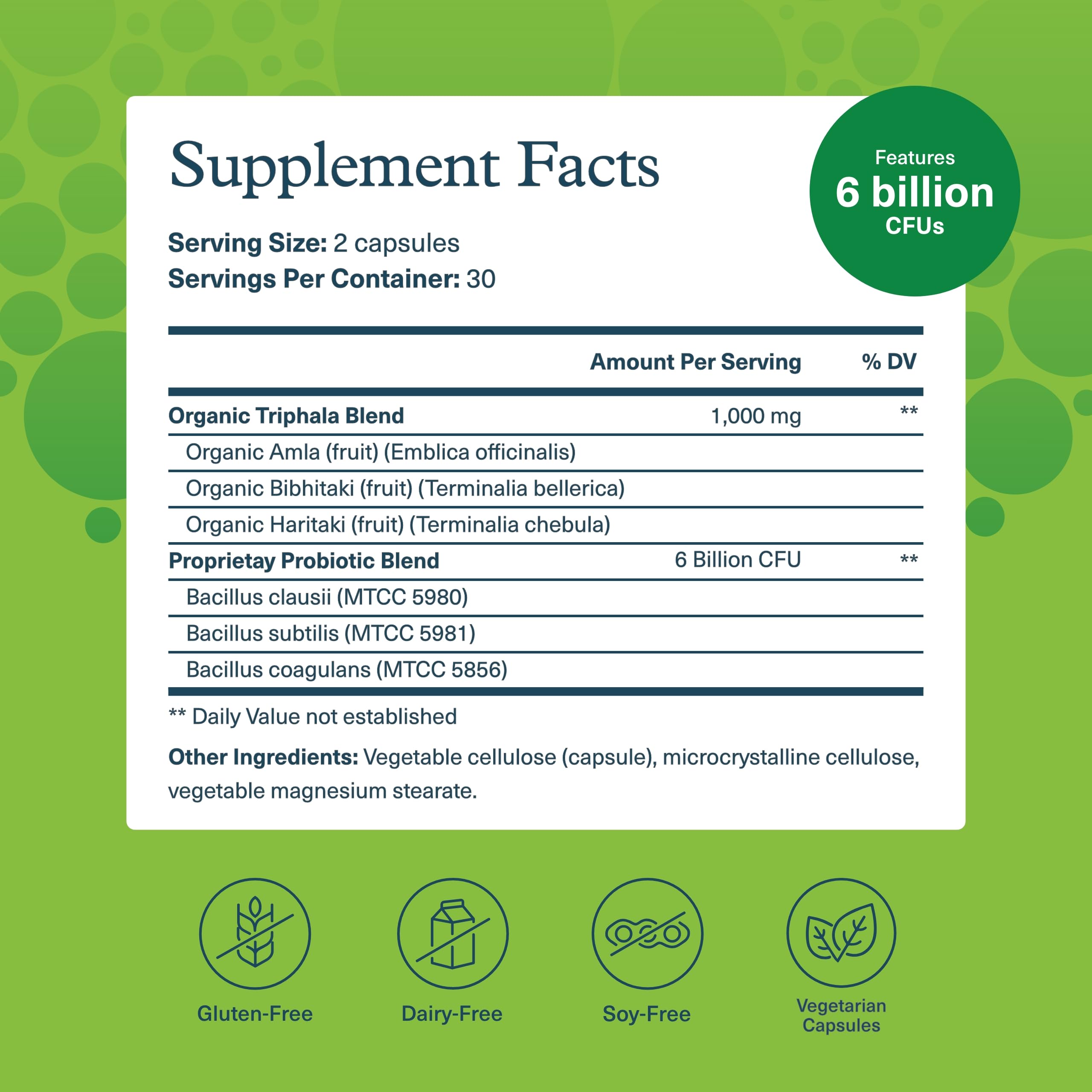 Label highlighting 6 billion CFU per serving for digestive support