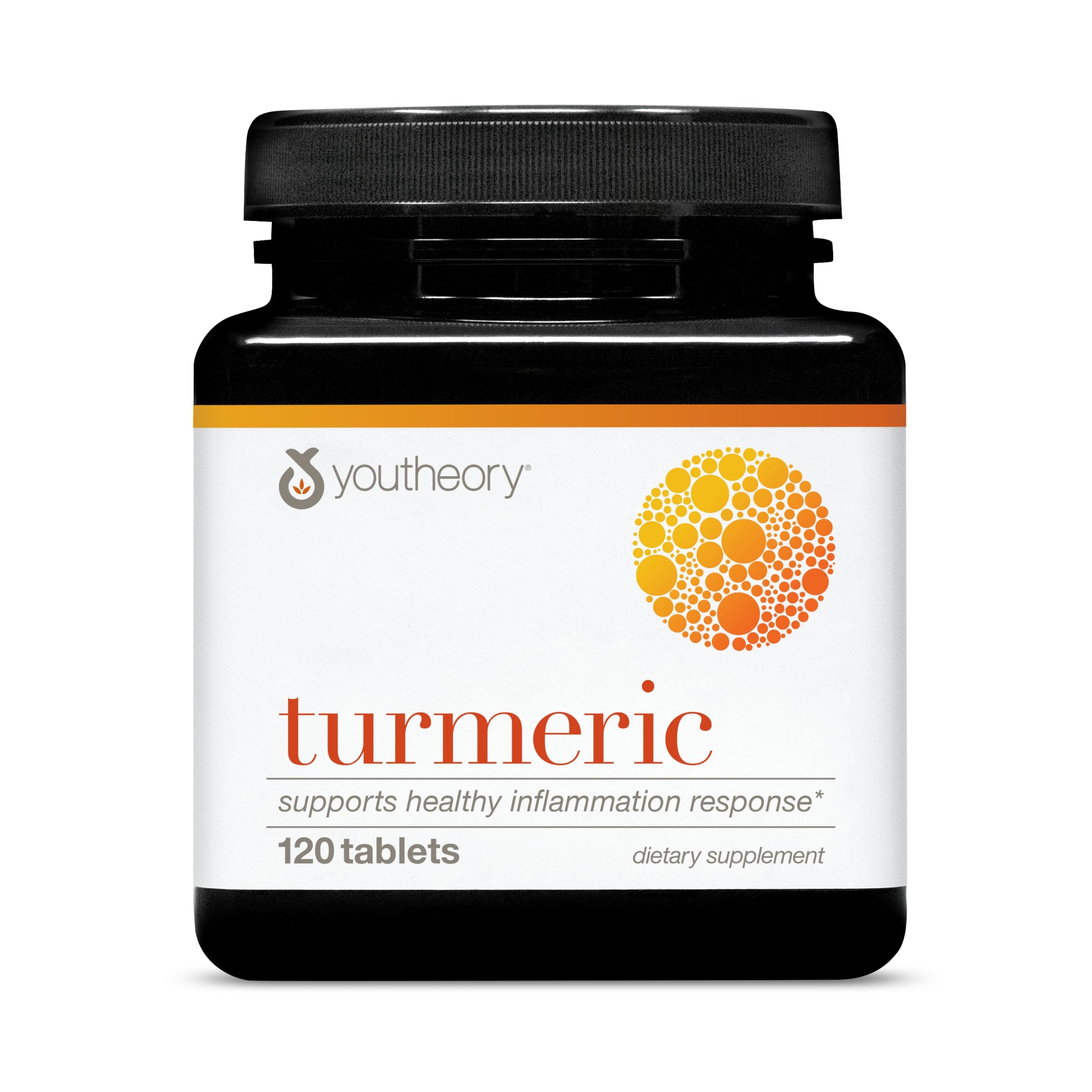 Bottle of Youtheory Turmeric 450 mg with black pepper and olive leaf, 120 tablets
