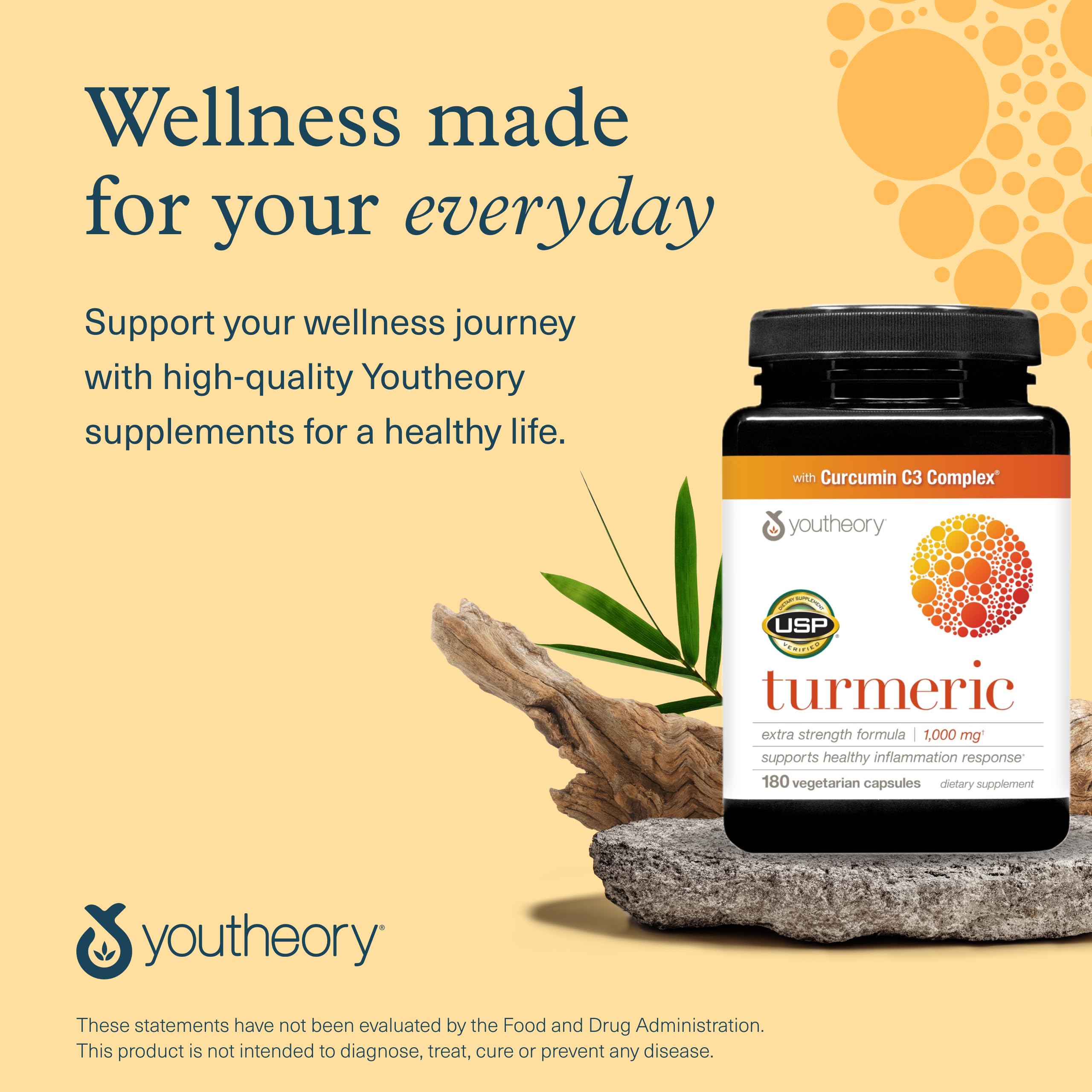Wellness concept with turmeric capsules and plant imagery
