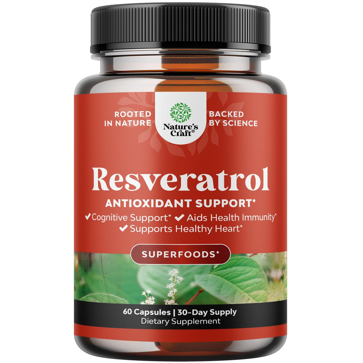 Bottle of Youthful Trans Resveratrol 60-count capsules on white background