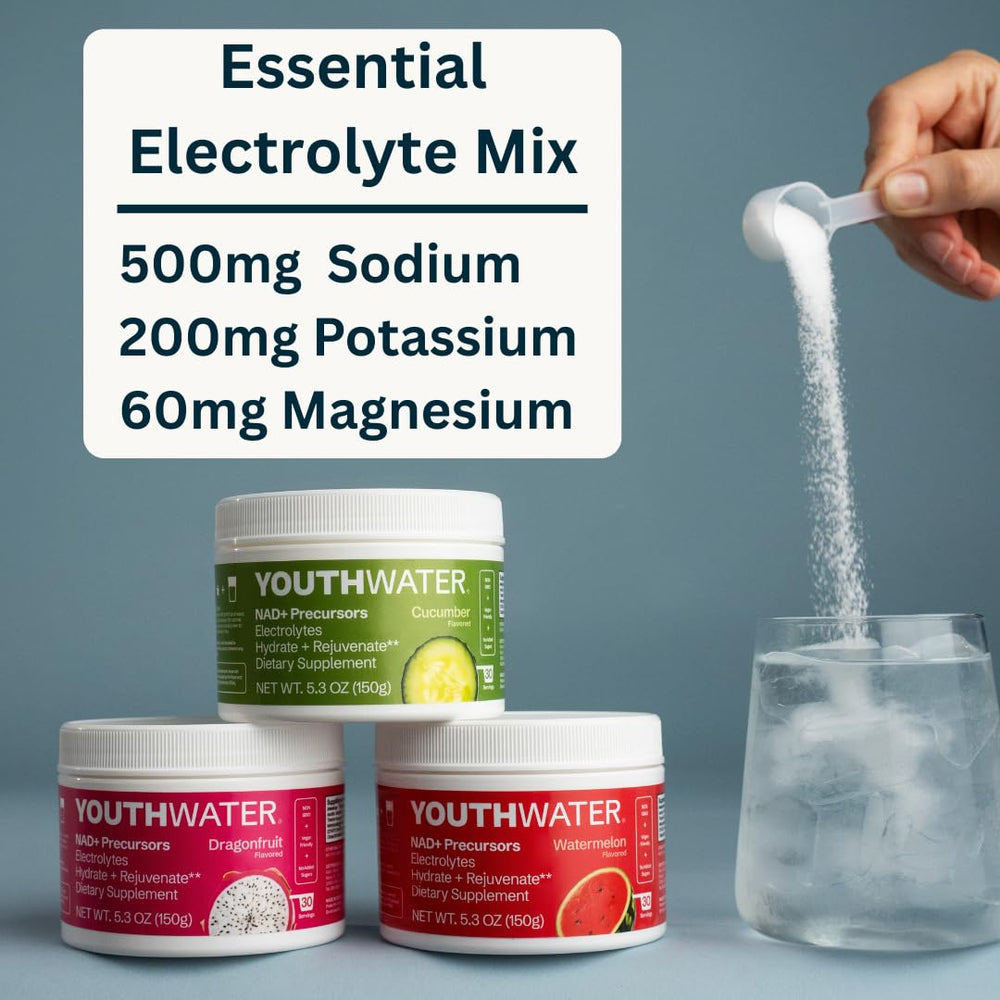 YOUTHWATER NAD+ electrolyte powder dissolving in water for quick hydration