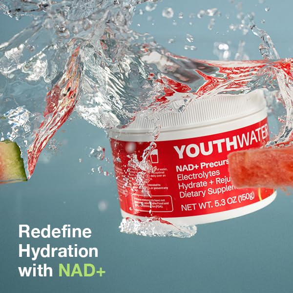 YOUTHWATER NAD+ electrolyte powder dissolving into a refreshing glass of drink