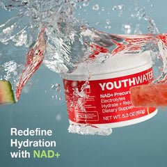YOUTHWATER NAD+ electrolyte powder dissolving into a refreshing glass of drink