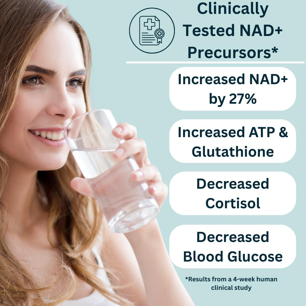 YOUTHWATER NAD+ bottle close-up highlights vitamins and minerals for energy support.