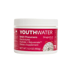 YOUTHWATER NAD+ Dragonfruit powder tub ready to hydrate and energize.