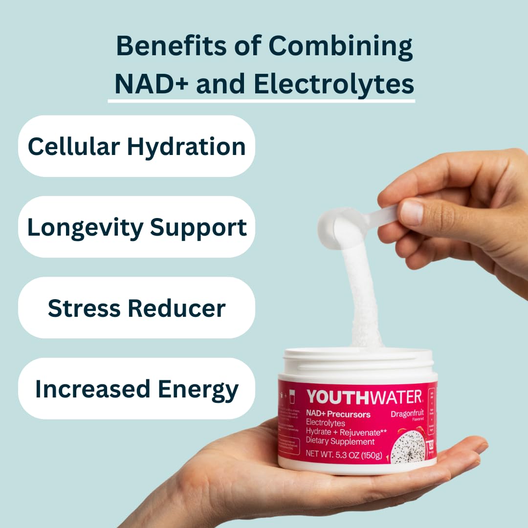 YOUTHWATER NAD+ vitamins and D-ribose close-up for energy support.