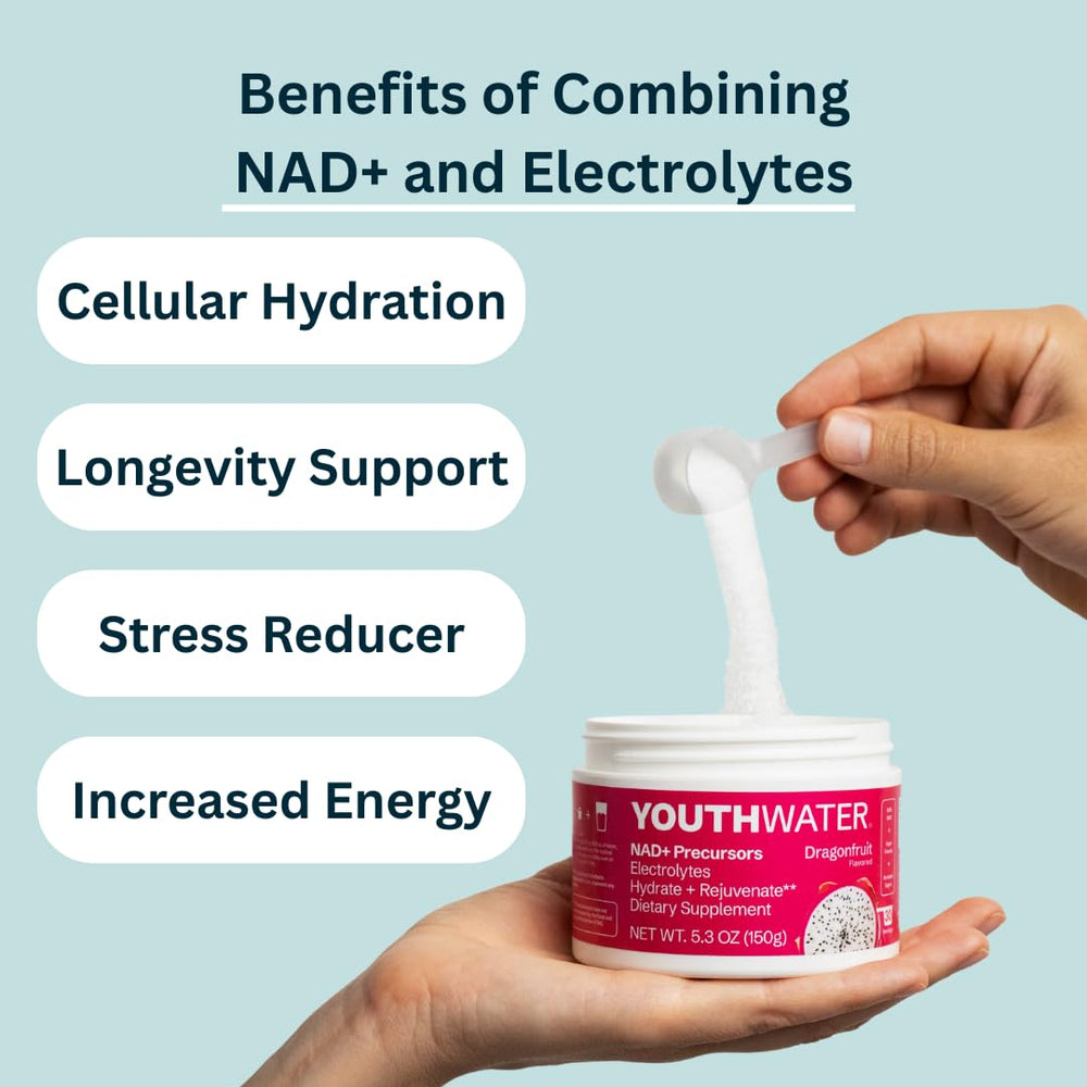 YOUTHWATER NAD+ vitamins and D-ribose close-up for energy support.