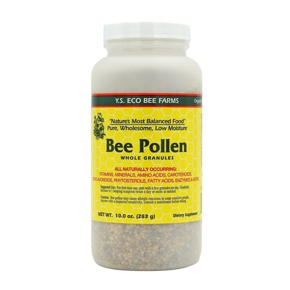 YS Eco Bee Farms Bee Pollen low moisture granulars 10 oz — crunchy granules for yogurt, oats, and smoothies.