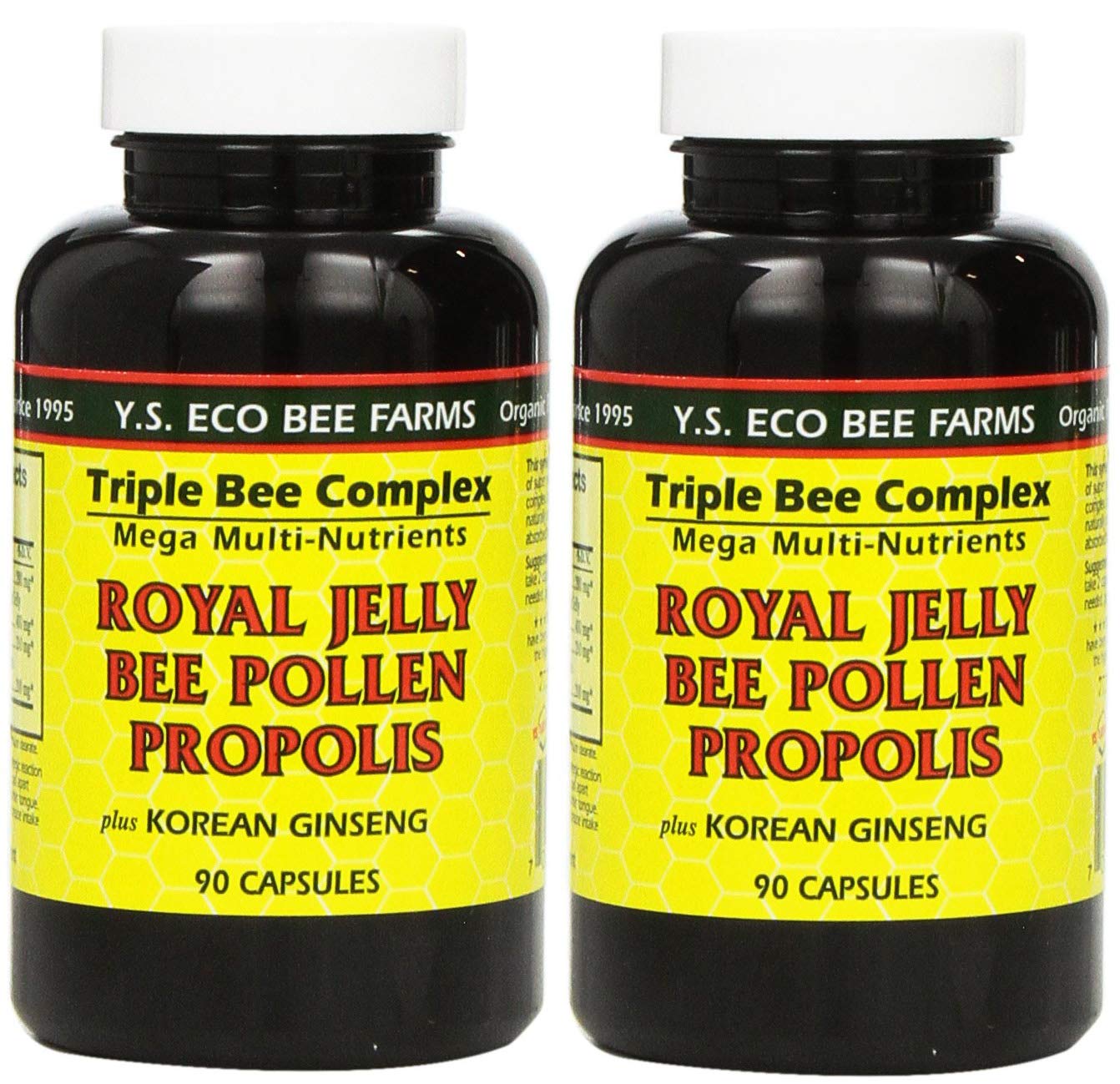 YS Eco Bee Farms Royal Jelly, Bee Pollen, Propolis and Korean Ginseng 90 Capsules (2-Pack) bottle