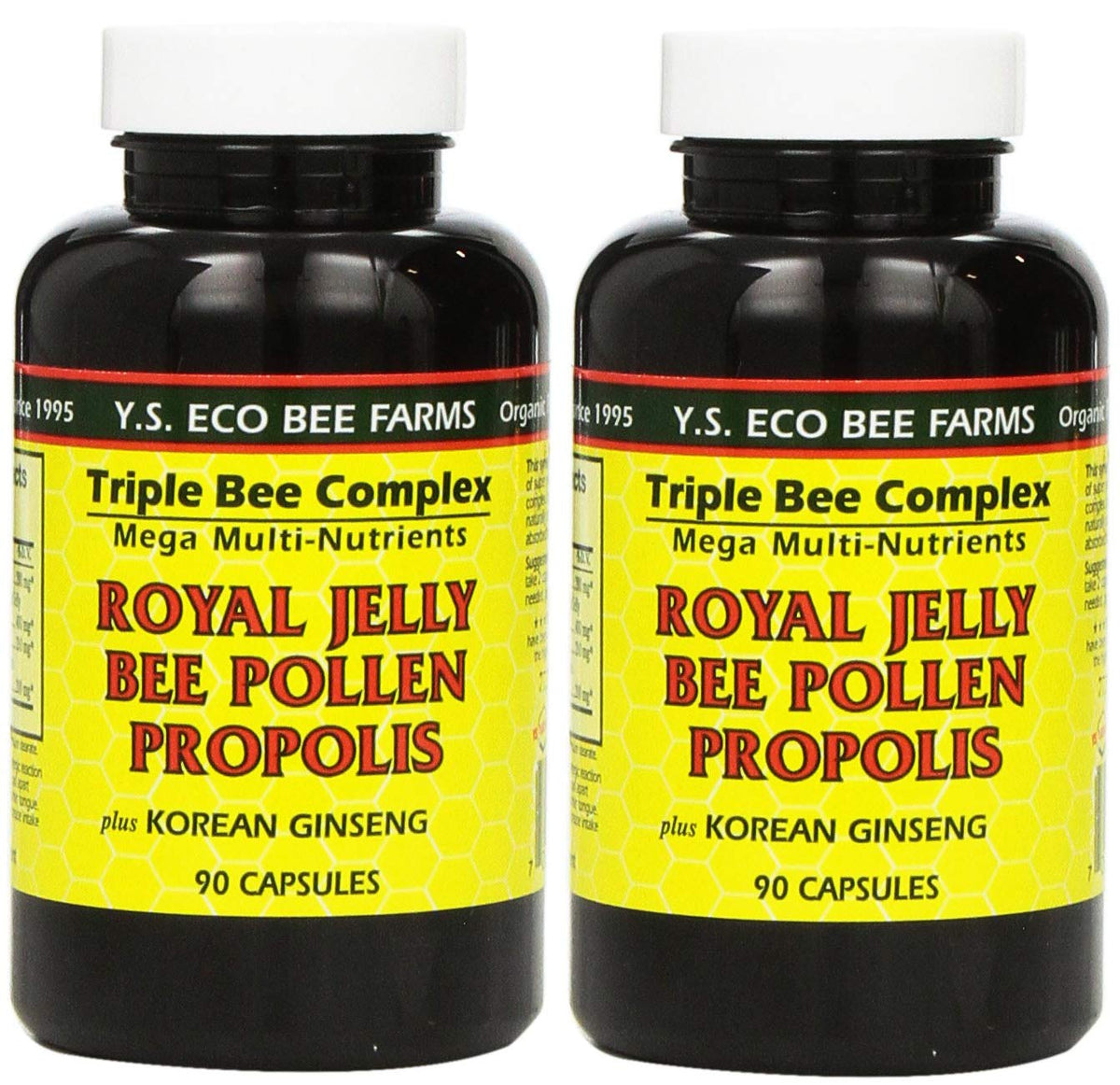 YS Eco Bee Farms Royal Jelly, Bee Pollen, Propolis and Korean Ginseng 90 Capsules (2-Pack) bottle
