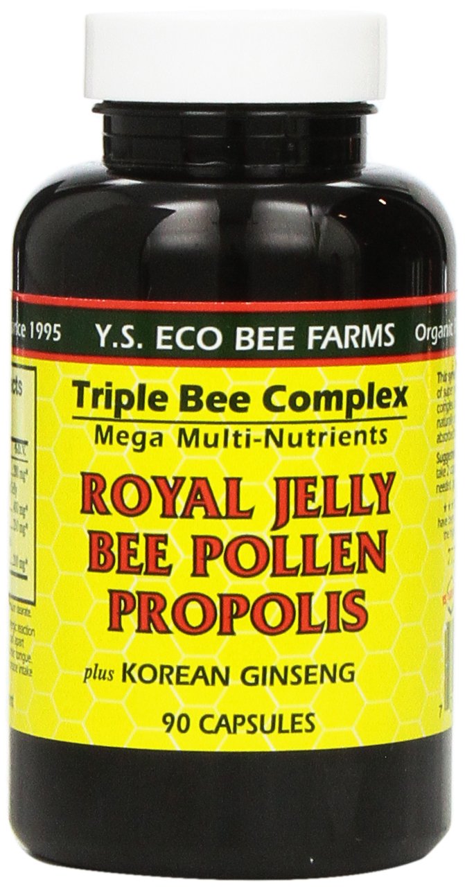 Bottle label of YS Organic Farms Royal Jelly Bee Pollen Propolis with Ginseng