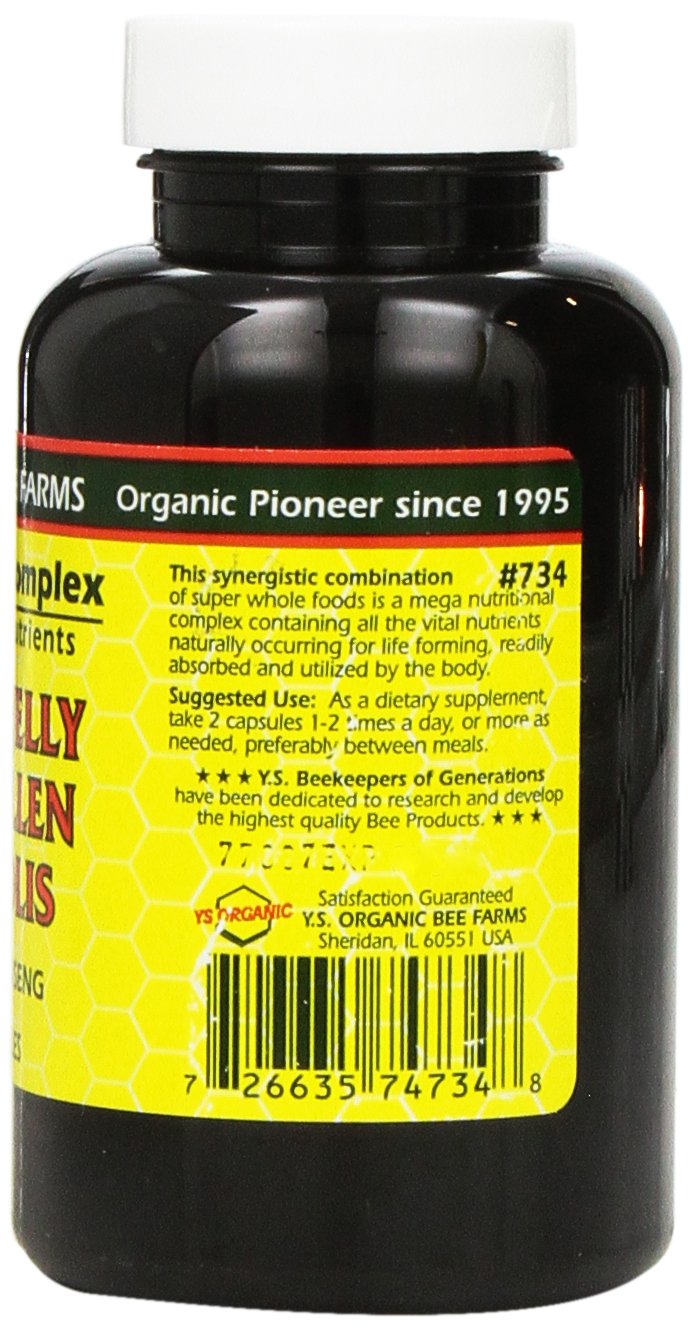 Capsules of YS Organic Farms Royal Jelly Bee Pollen Propolis with Ginseng