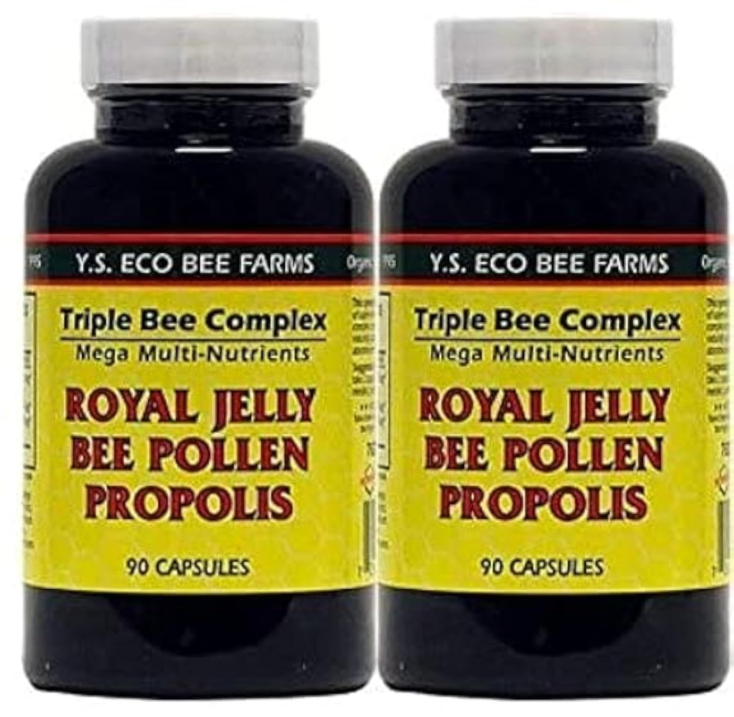 Two bottles of YS Organics Triple Bee Complex 2-Pack (90 caps each).