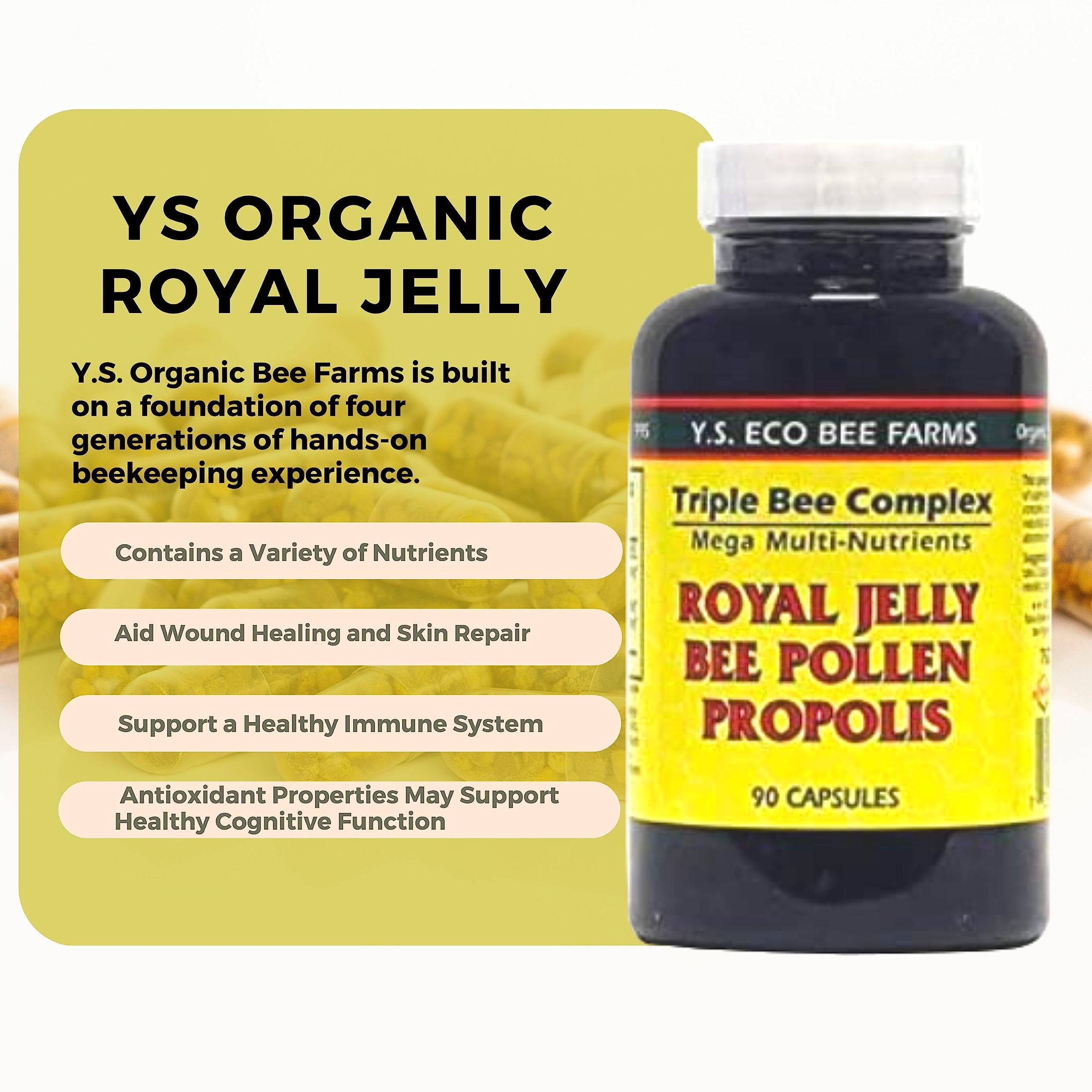 Person holding a bottle of YS Organics Triple Bee Complex