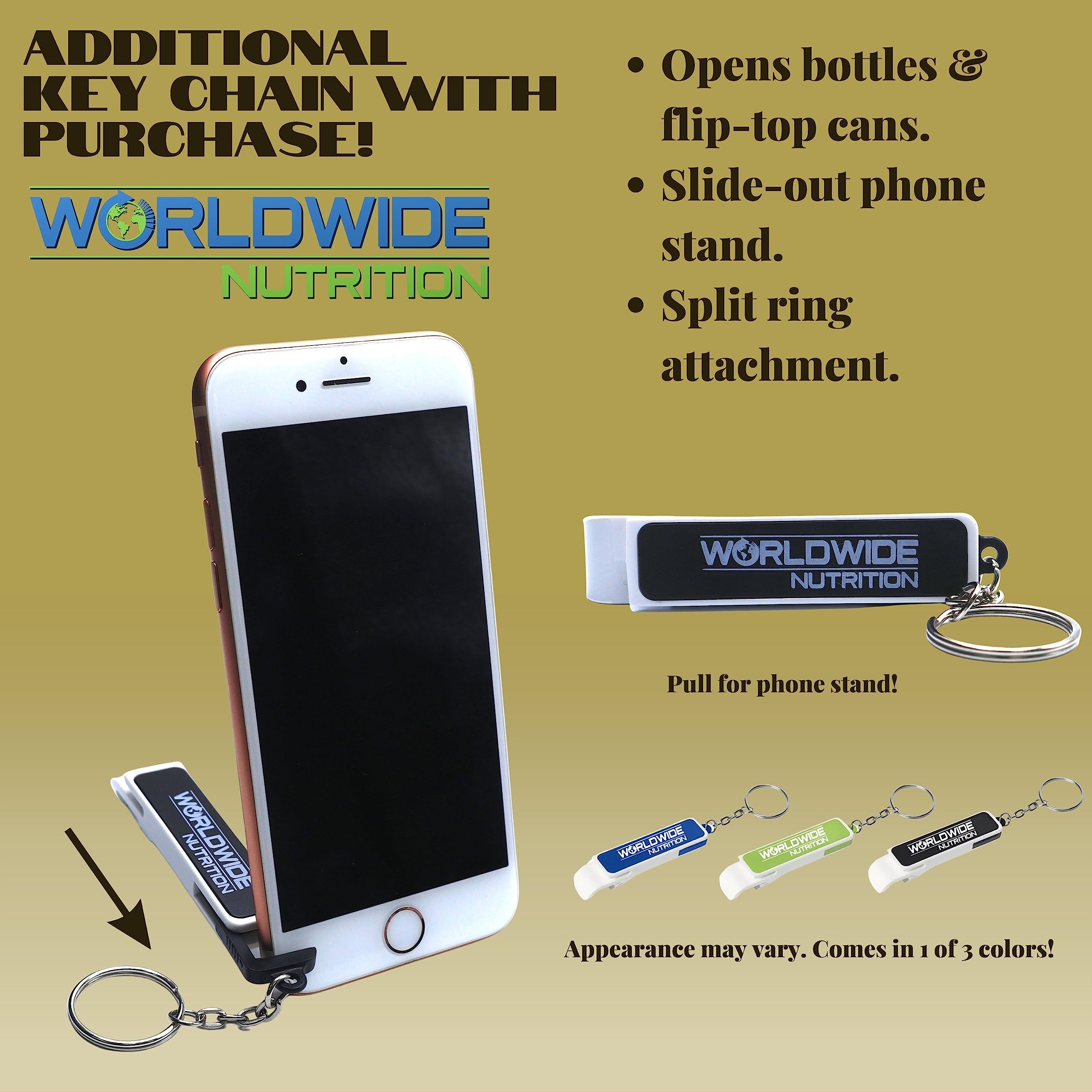 WorldWideNutrition bonus multi-purpose key chain included with purchase