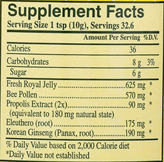 Ingredients: royal jelly, raw honey, bee pollen, propolis, eleuthero, Korean ginseng