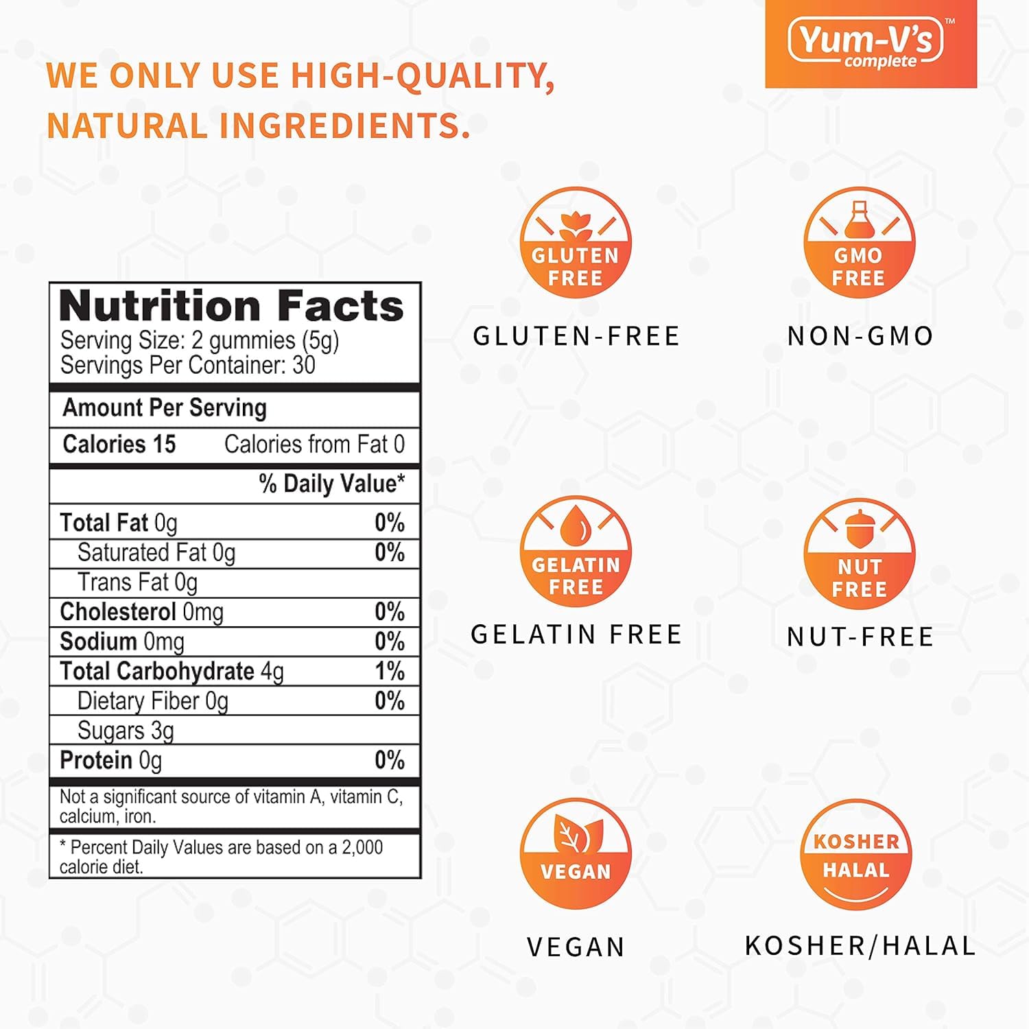 Back label showing nutrition facts for YUM-V'S Glucose Gummies bottle