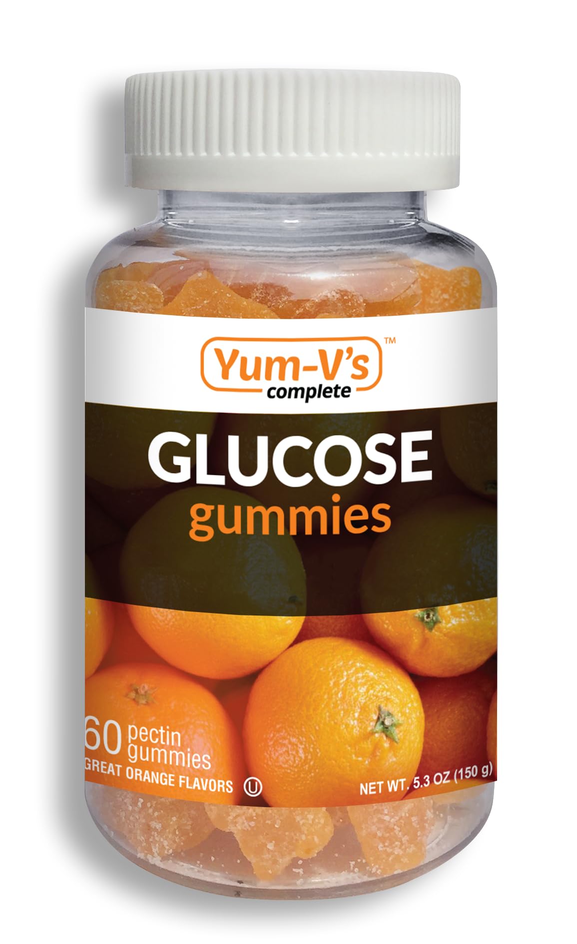 Bottle of YUM-V'S Glucose Gummies orange flavor – gluten free, vegan, non-GMO, 60 gummies