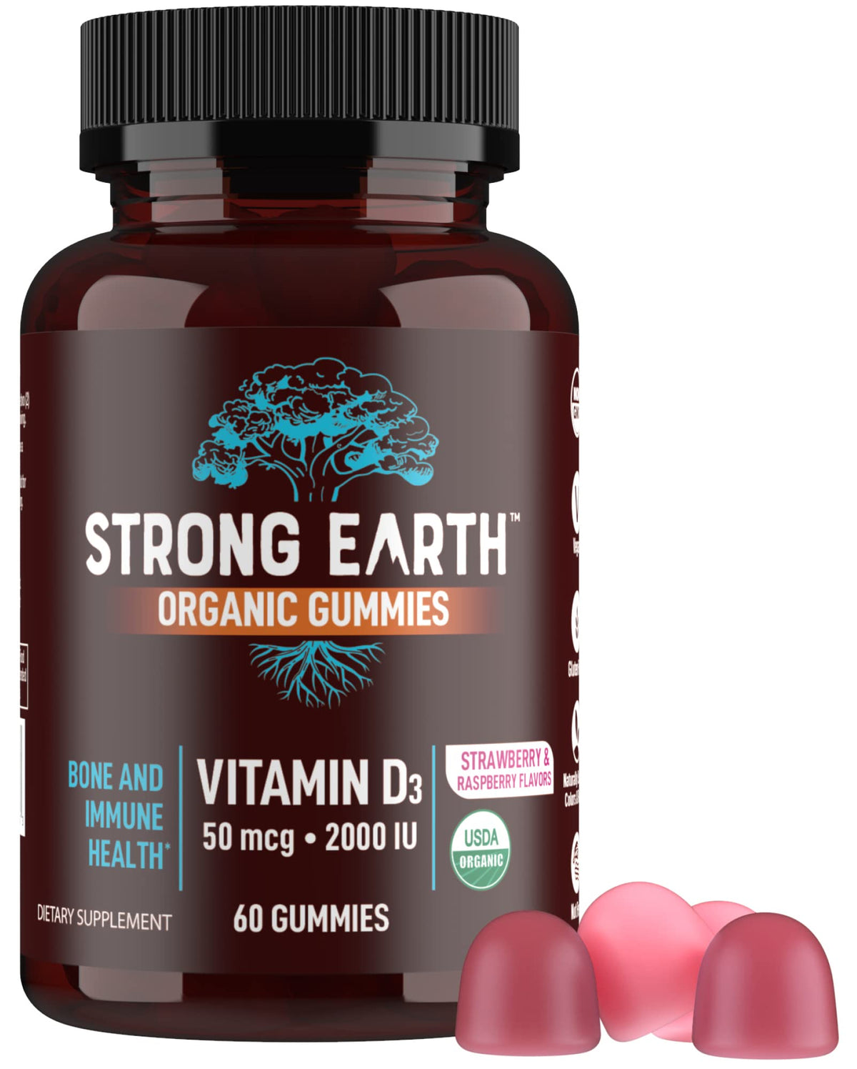 Bottle of YUM-V'S Strong Earth Organic Vitamin D3 Gummies with label visible