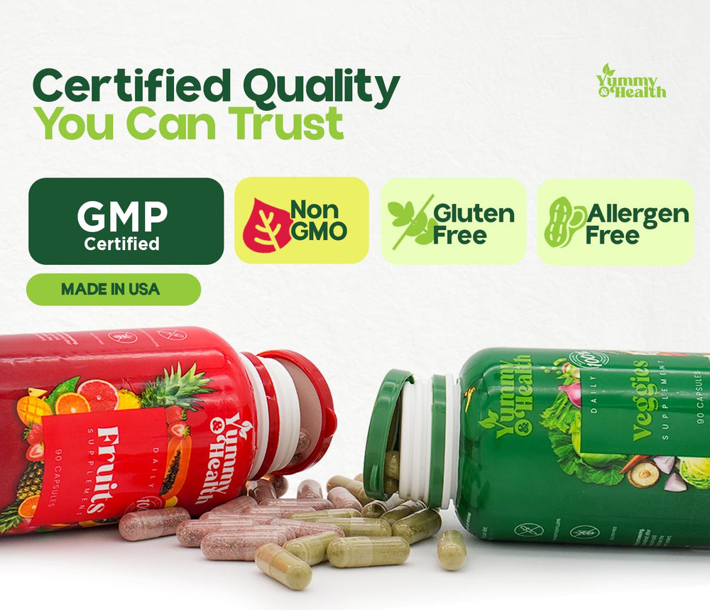Yummy & Health non-GMO label on bottle communicates transparent plant-based nutrition.