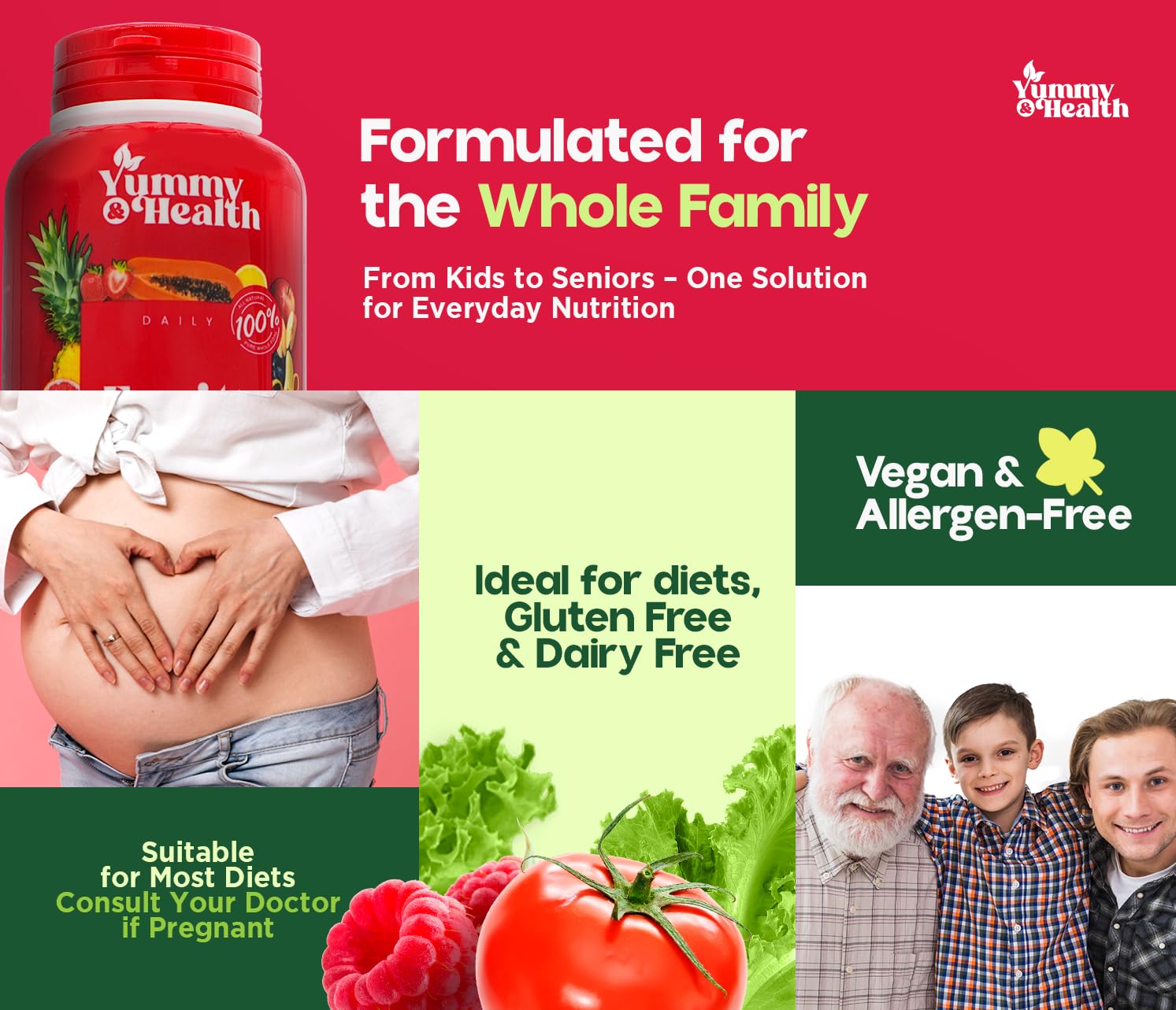 Yummy & Health capsules pouring into a glass suggests easy serving and quick wellness support.