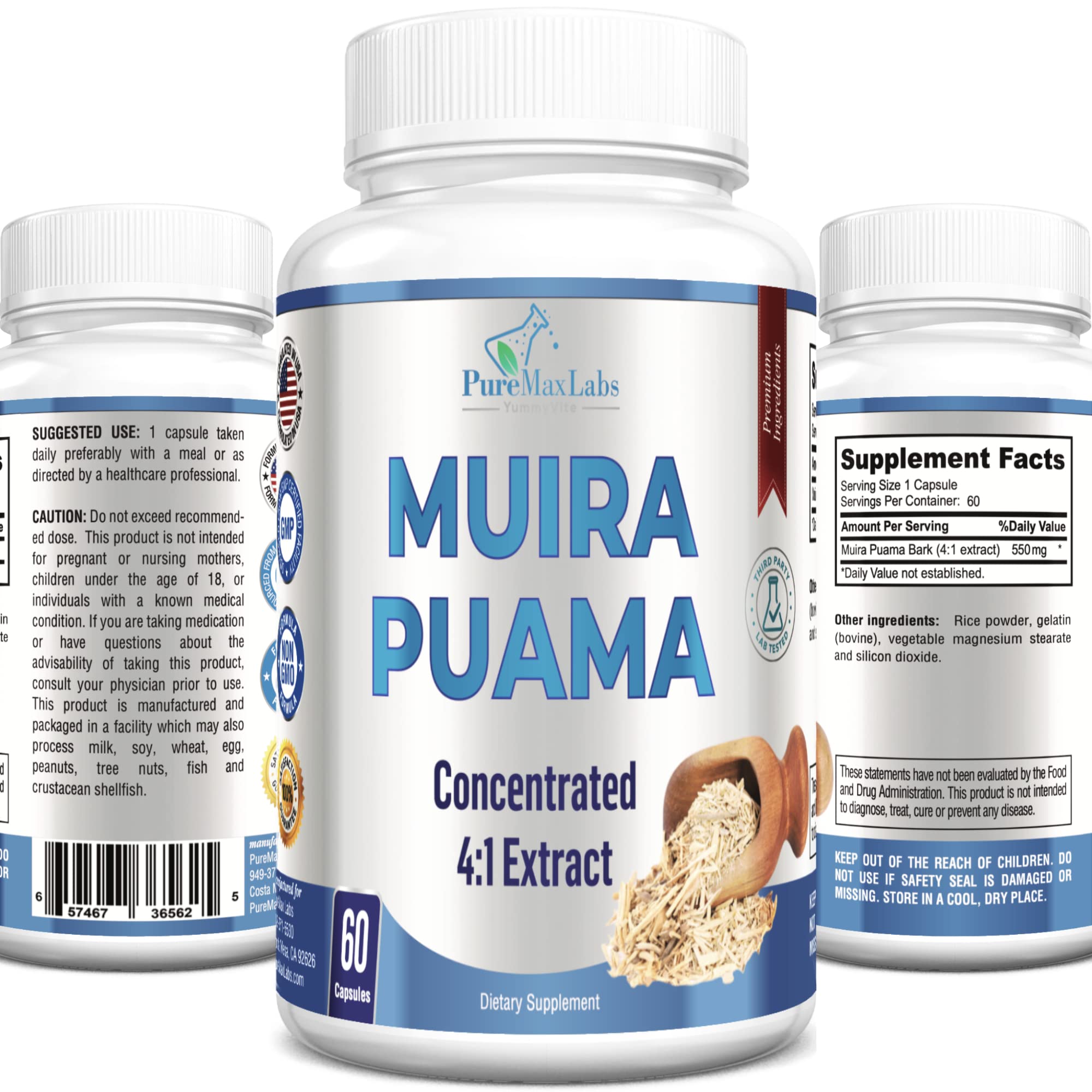 Front view of YUMMYVITE Muira Puama capsules bottle with 60 capsules