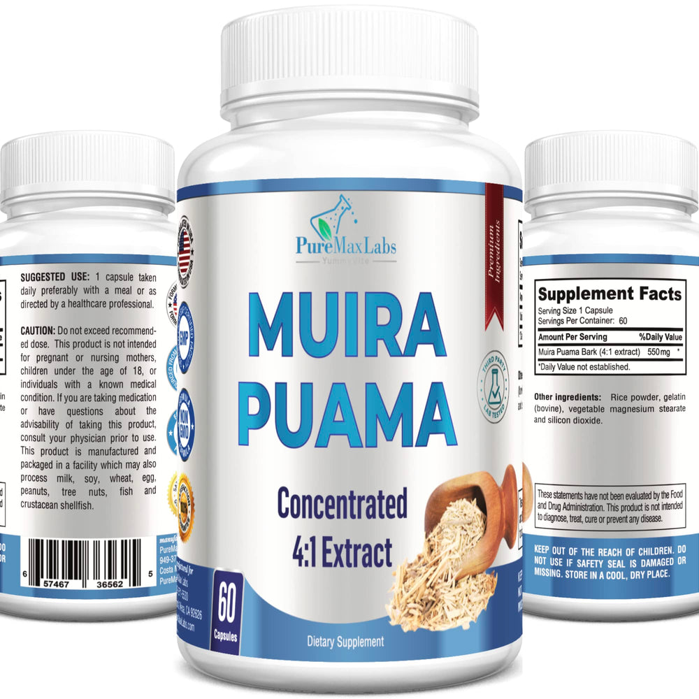 Front view of YUMMYVITE Muira Puama capsules bottle with 60 capsules