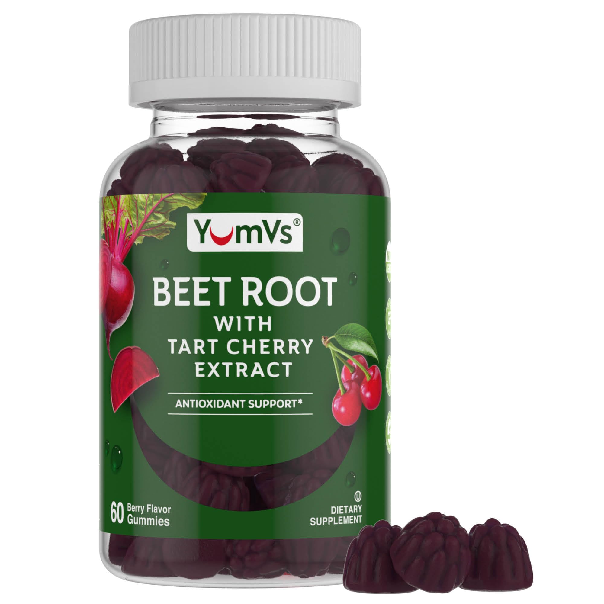 Red beets and tart cherries with fresh berries representing ingredients