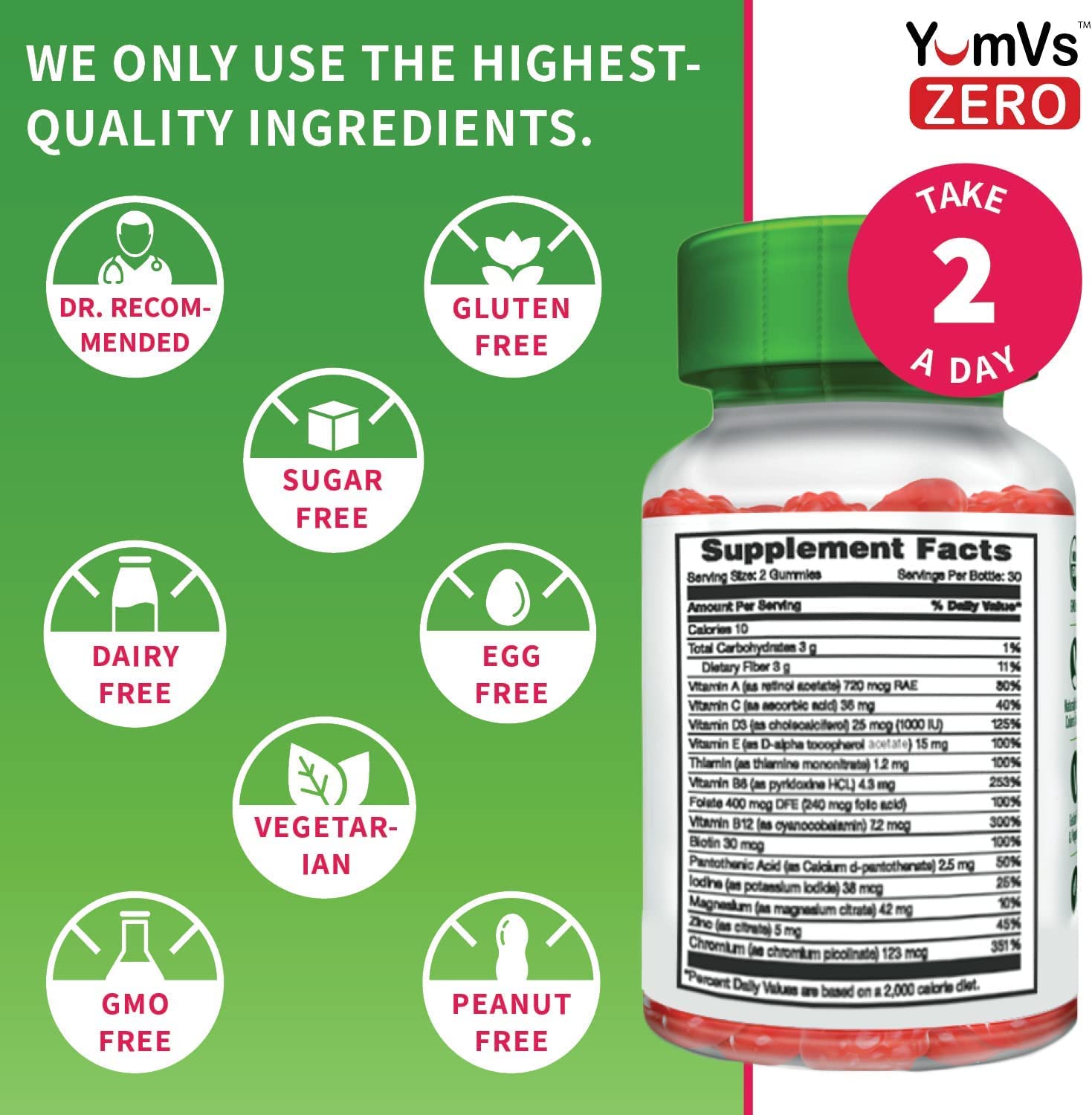 YUM-V'S multivitamin gummies ingredients showing free from sugar and GMOs