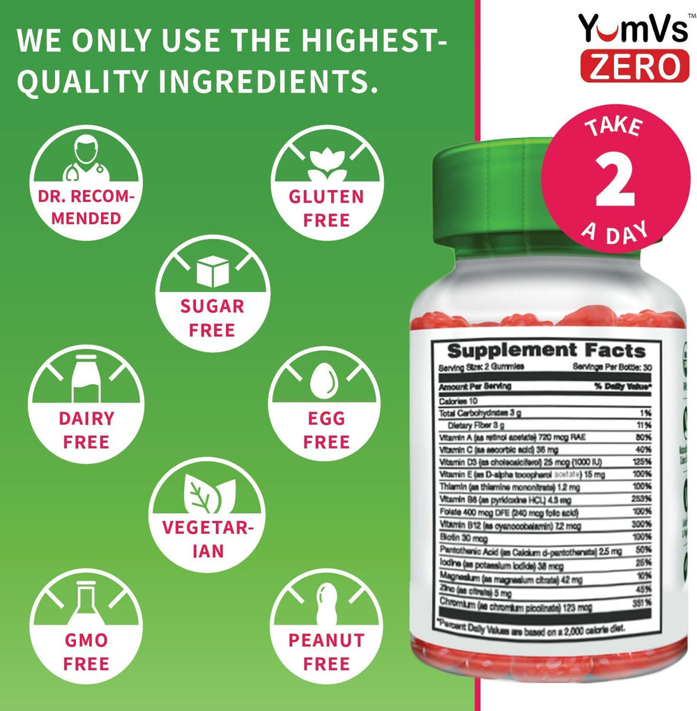 YUM-V'S multivitamin gummies ingredients showing free from sugar and GMOs