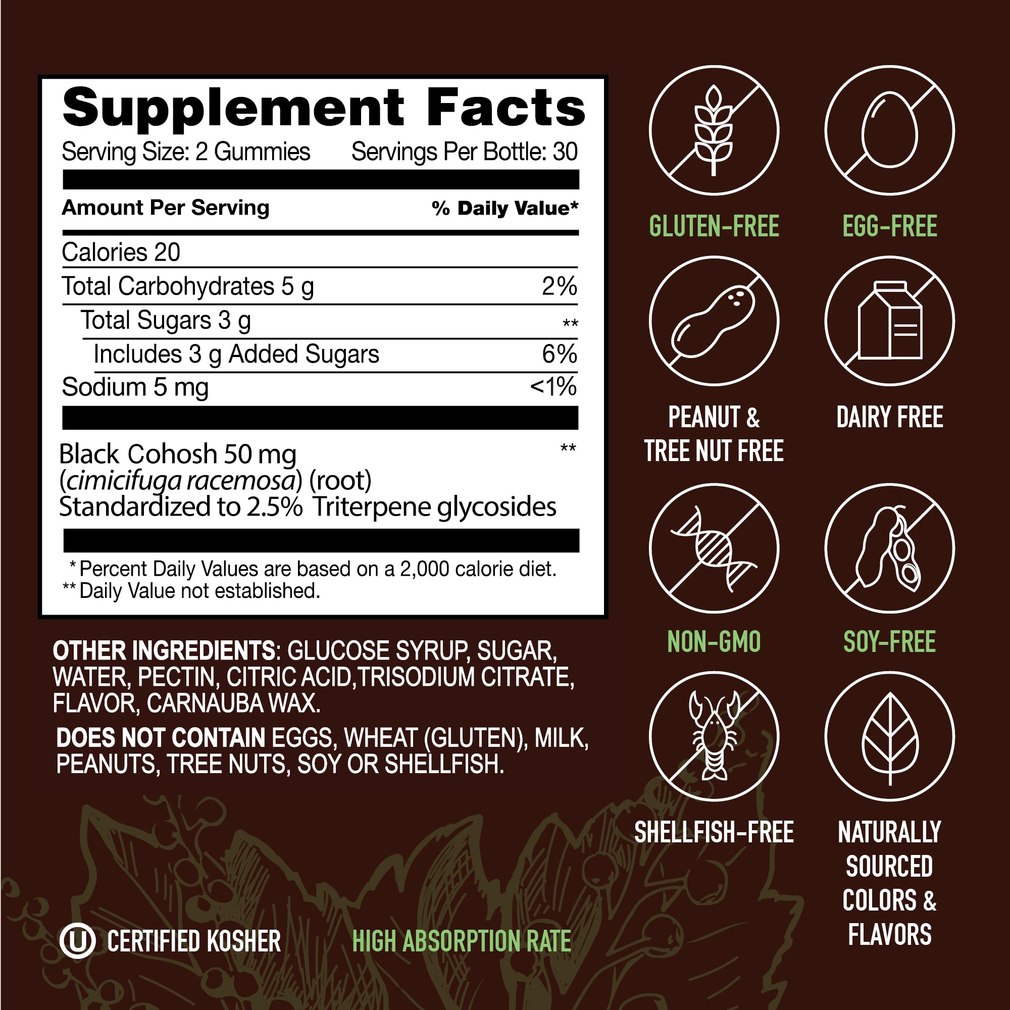 Vegan, kosher Black Cohosh gummies label