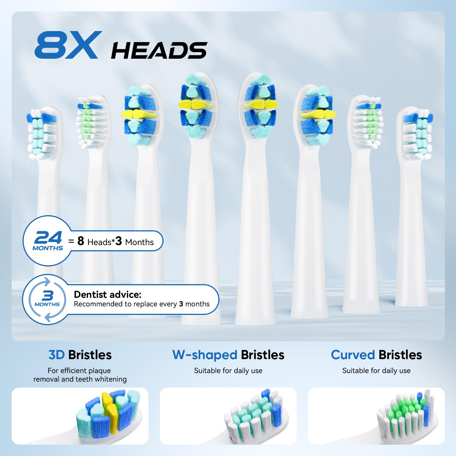 Eight soft DuPont brush heads included with YUNCHI toothbrush