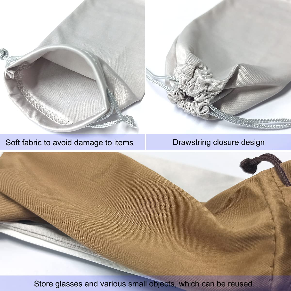 Close-up of drawstring closure on sunglasses pouch