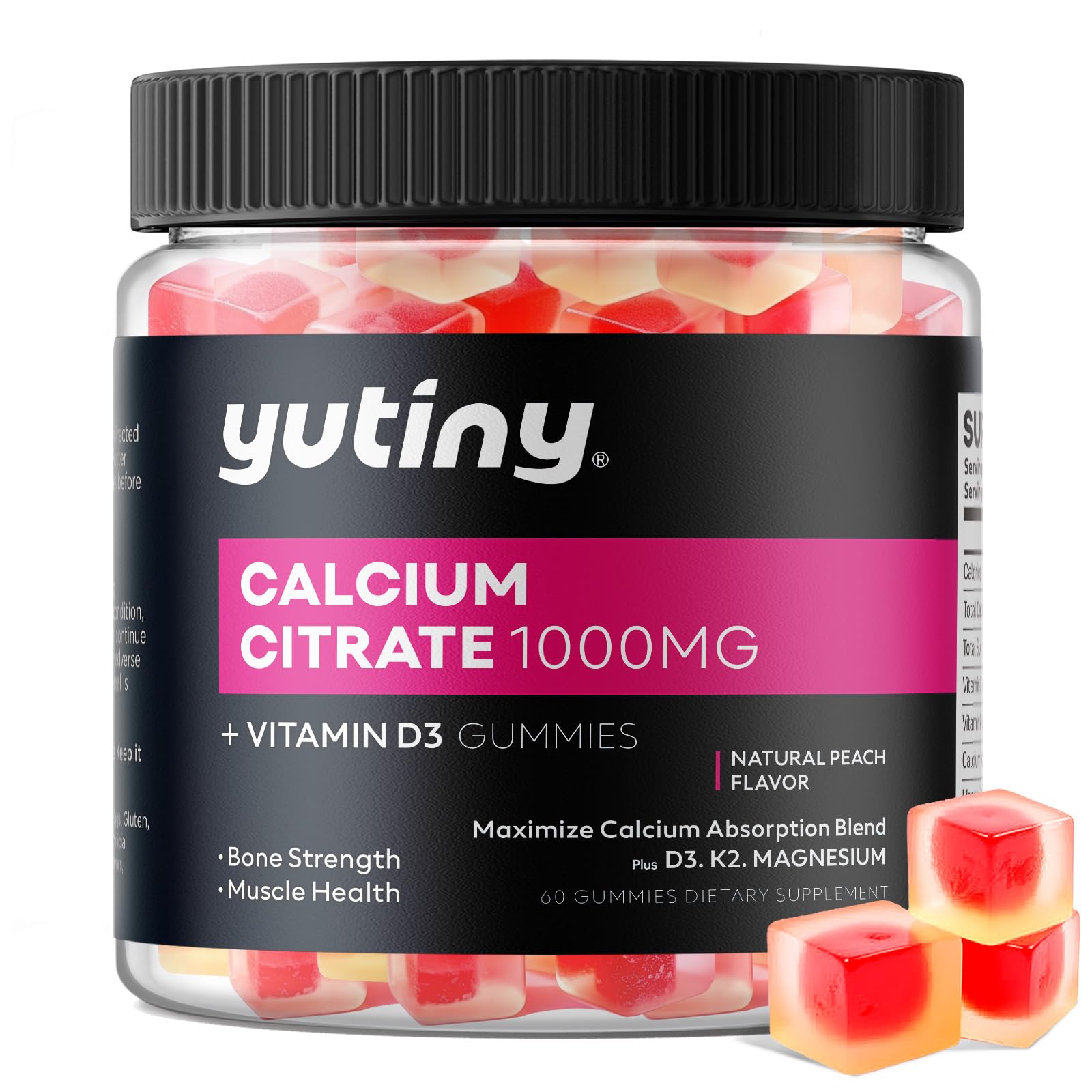 Front of Yutiny Calcium Citrate Gummies bottle with 60 count
