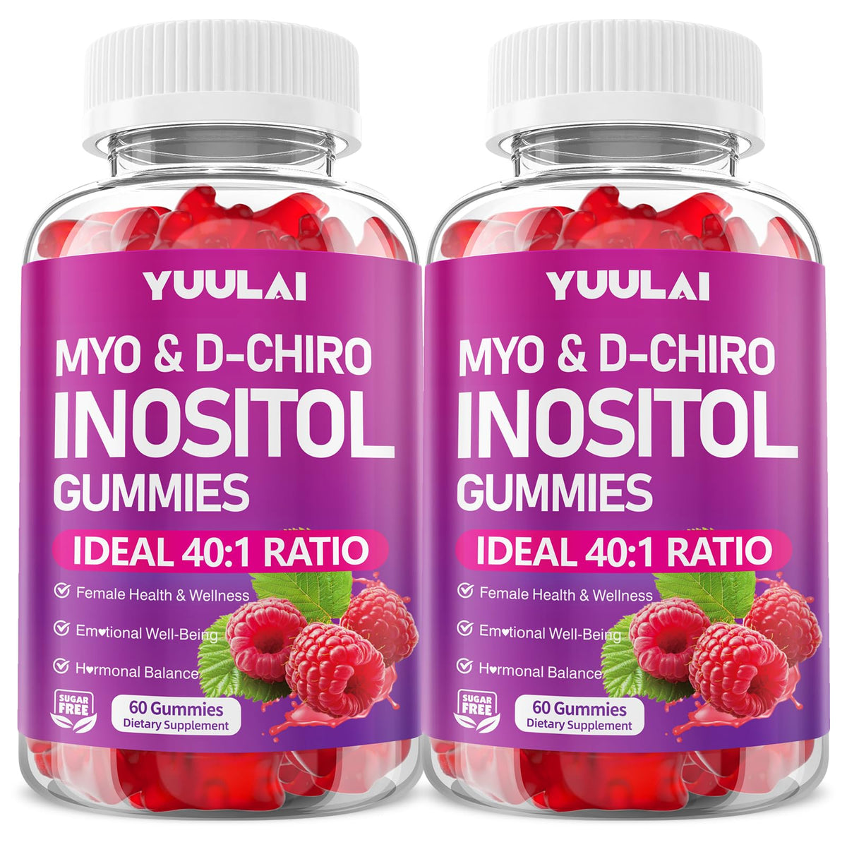YUULAI front packaging showing two bottles and raspberry gummies for convenient daily use