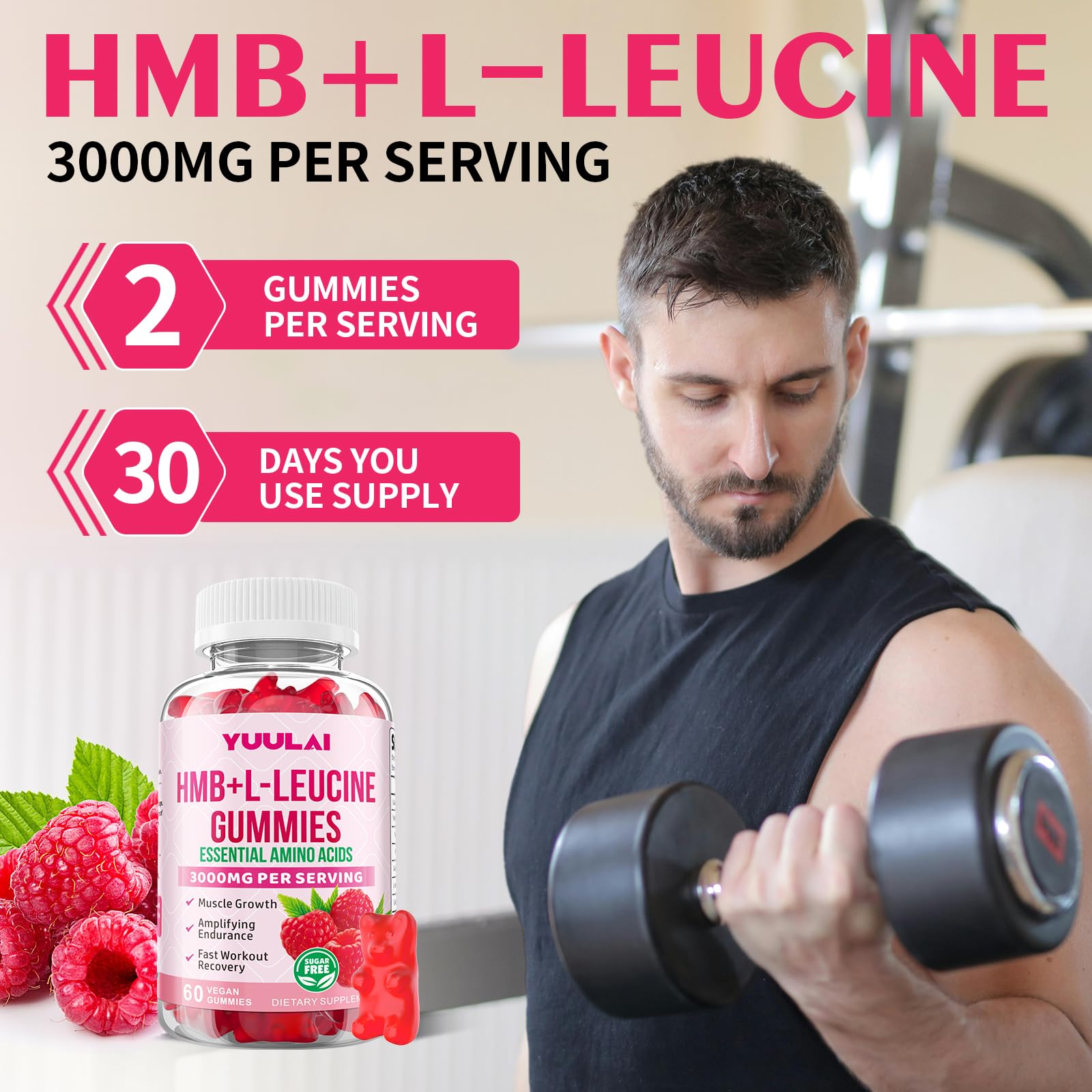 Raspberry-flavored HMB and L-Leucine gummies