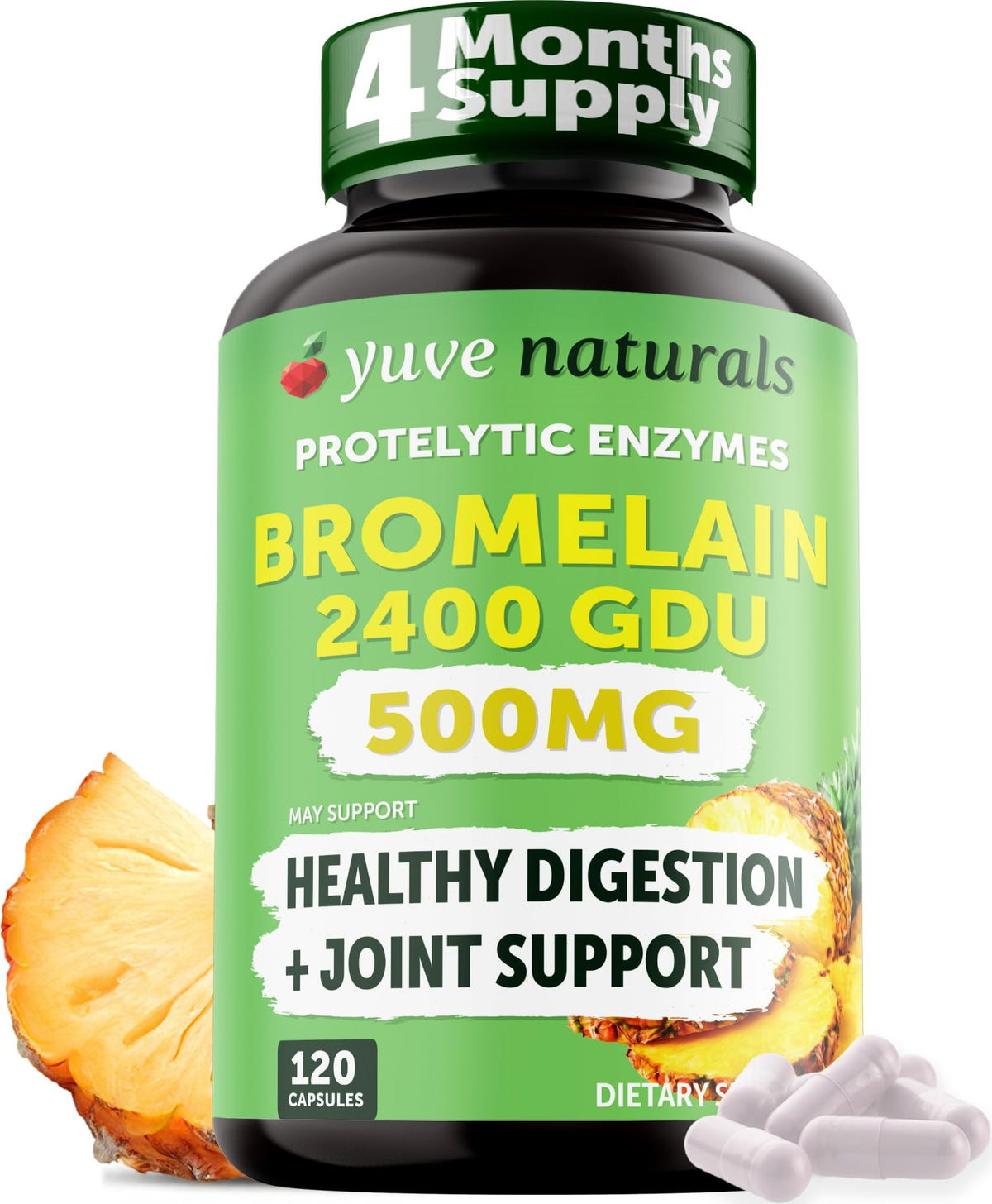 Yuve Bromelain 500mg bottle with 2400GDU potency label