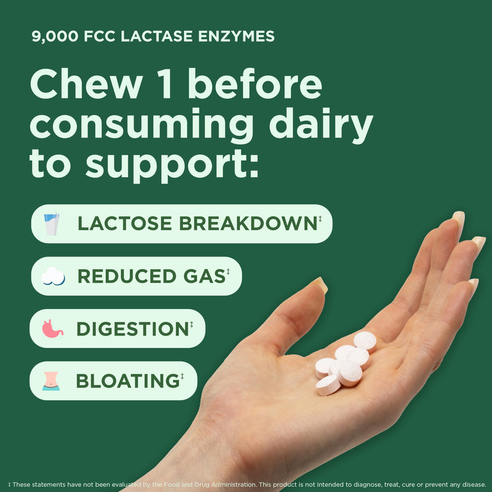 Close-up of Yuve lactase enzyme 9000 FCC chewables