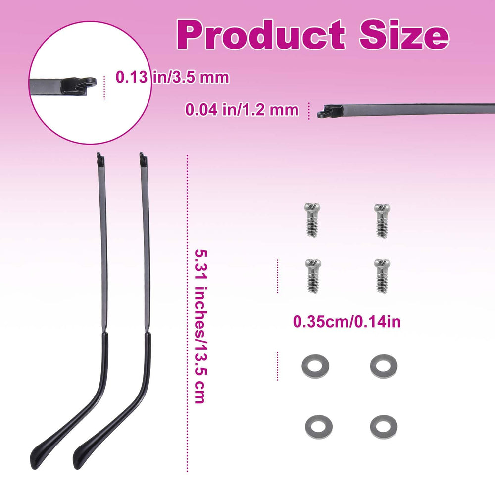 Contents of the kit: 2 eyeglass legs, 4 screws, 2 nose pads, screwdriver