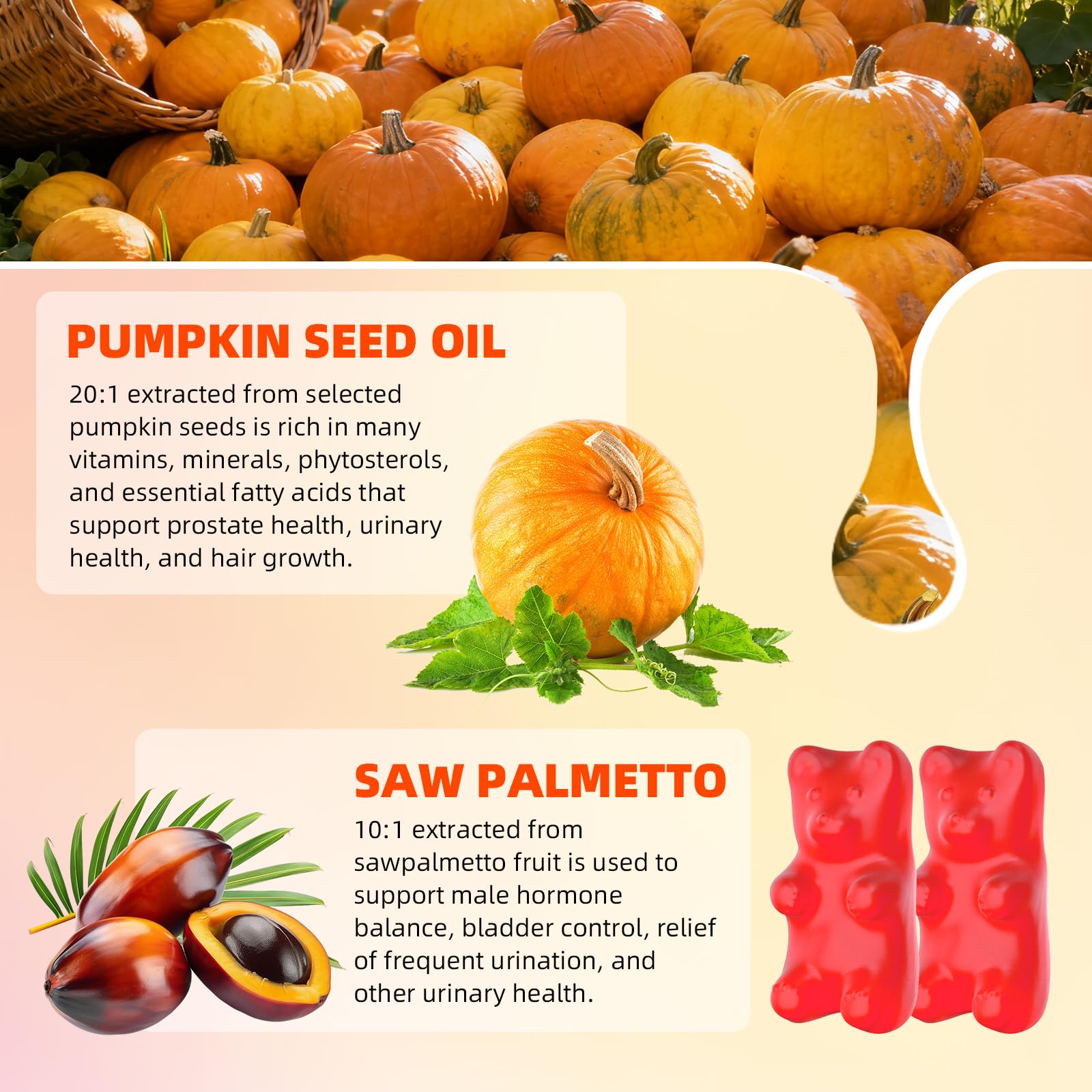 Gummies arranged with pumpkin seed illustration and natural ingredients