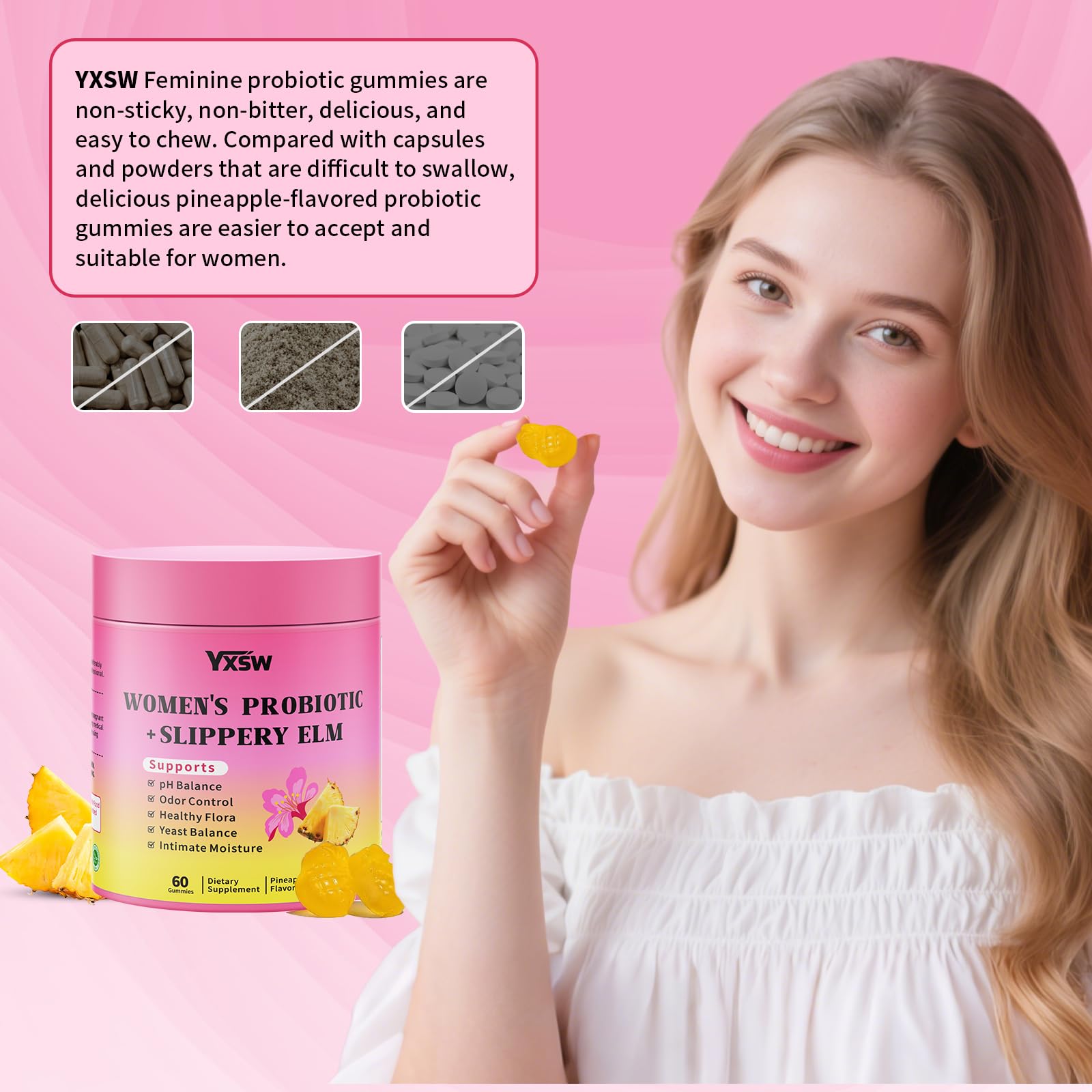 Chewed pineapple-flavored feminine probiotic gummy