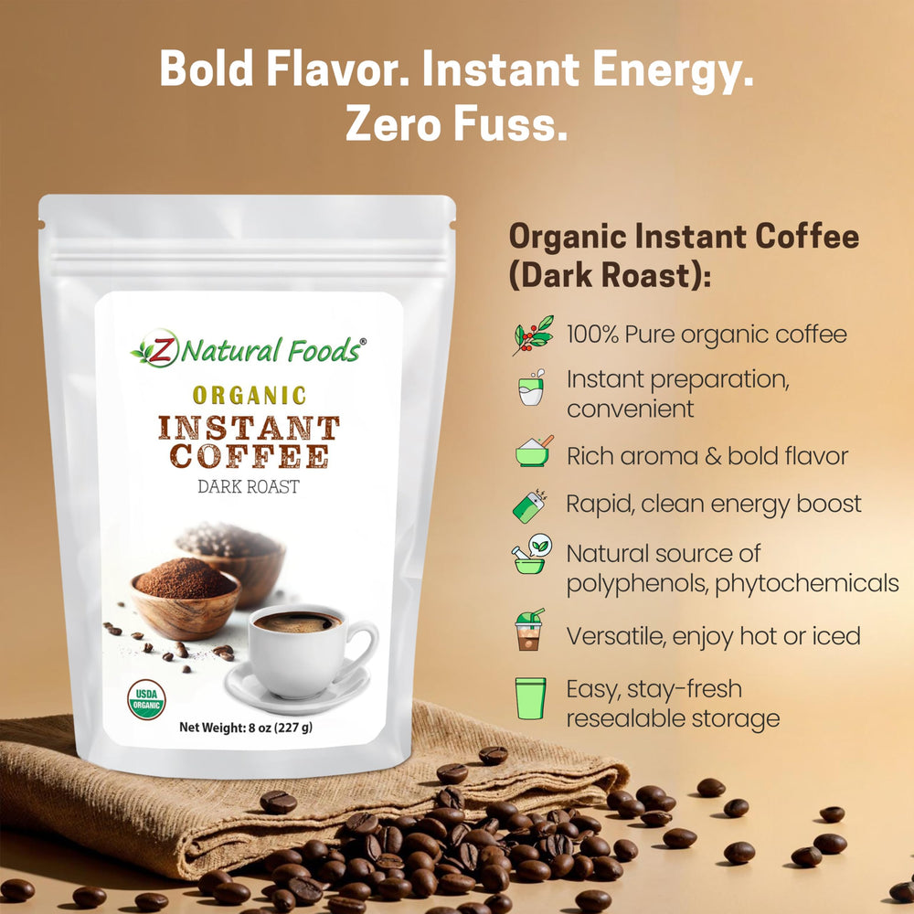Z Natural Foods instant coffee ready hot or iced for versatile beverages.