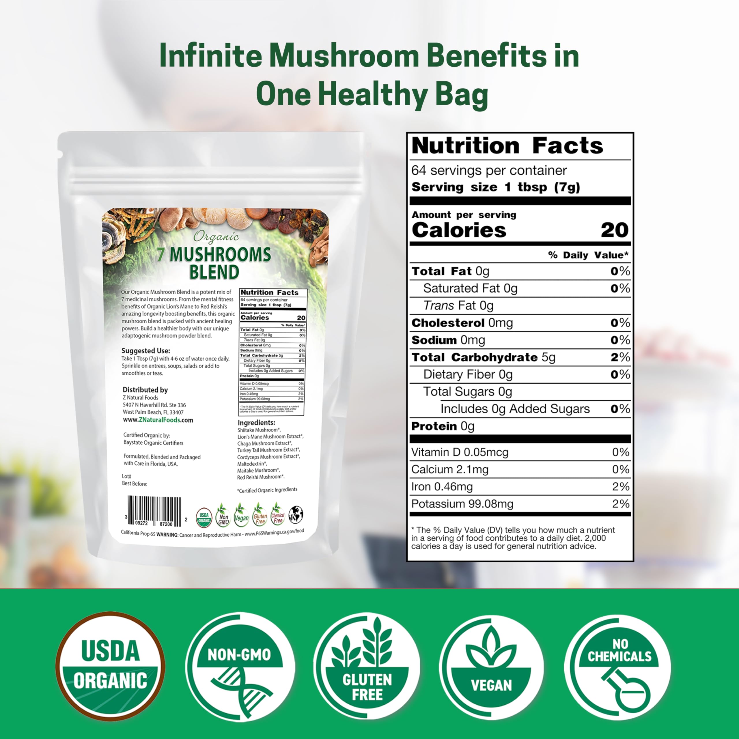 Back nutrition panel for Z Natural Foods Mushroom Blend