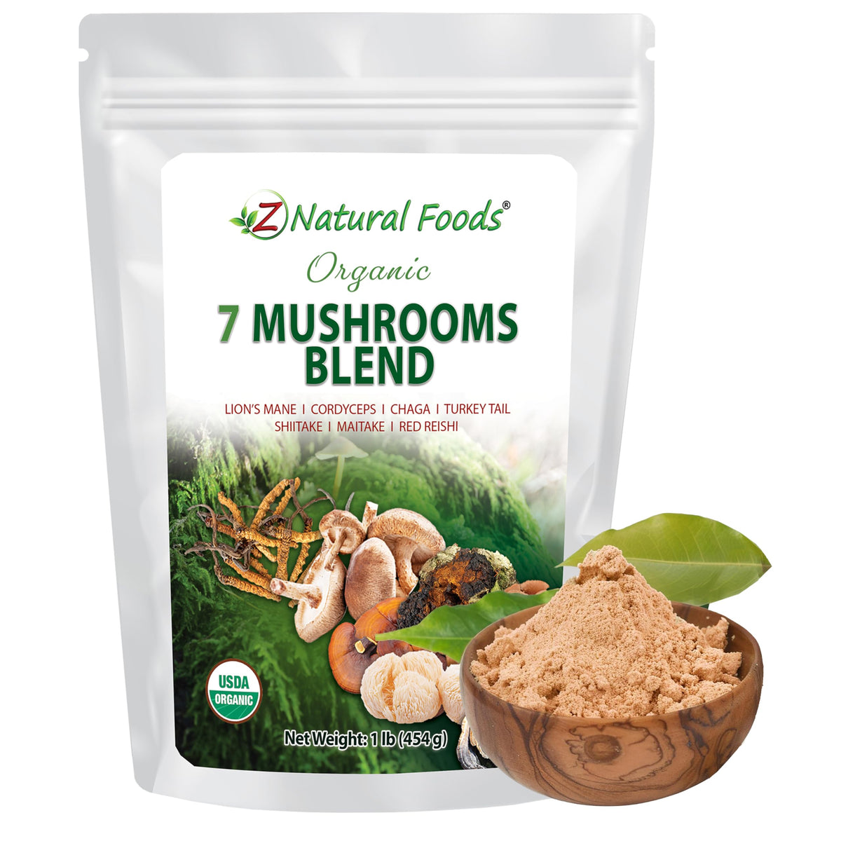 Front view of Z Natural Foods Organic 7 Sacred Mushrooms Blend 1 lb packaging